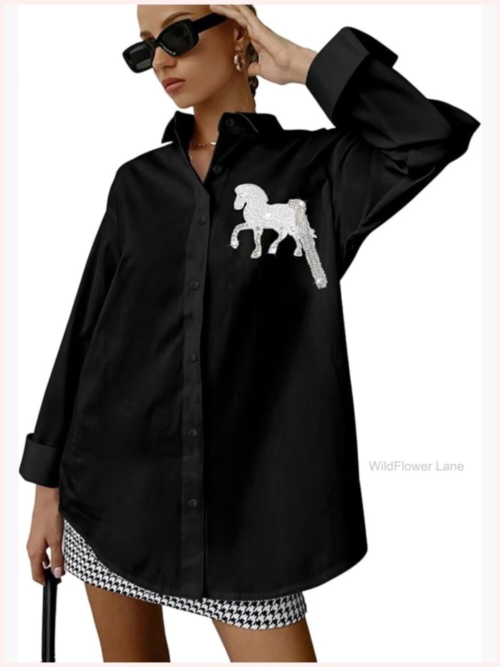 Oversized Rhinestone Horse Button Down Blouse Long Sleeve V-Neck
